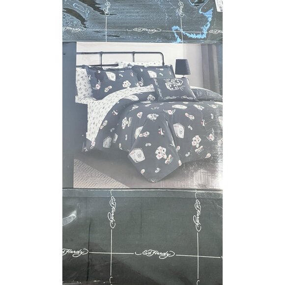 New Ed Hardy King 8Pc Complete Bedding Set Comforter Sheet Pillowcase Black - Picture 2 of 12